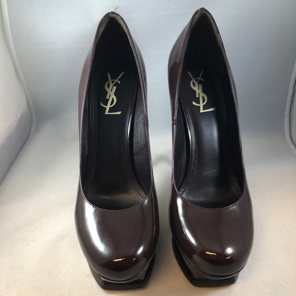 YSL brown patent leather pumps